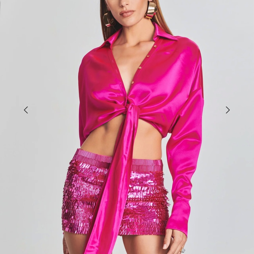 Retrofete Pink Notched Collar Tie-Front Crop Western Festival Top